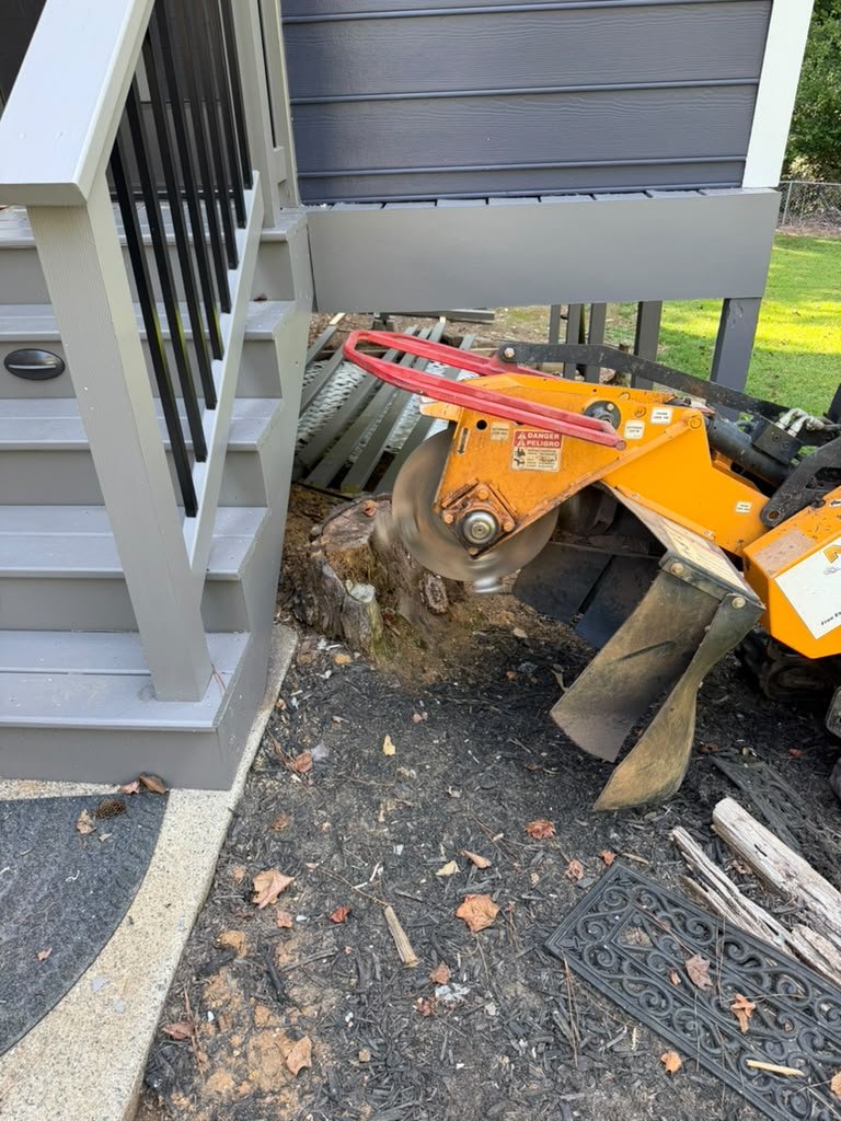 Stump grinding equipment working beside residential stairs